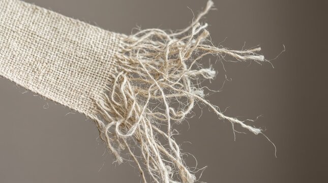 A torn piece of woven fabric with frayed fibers on a neutral background.