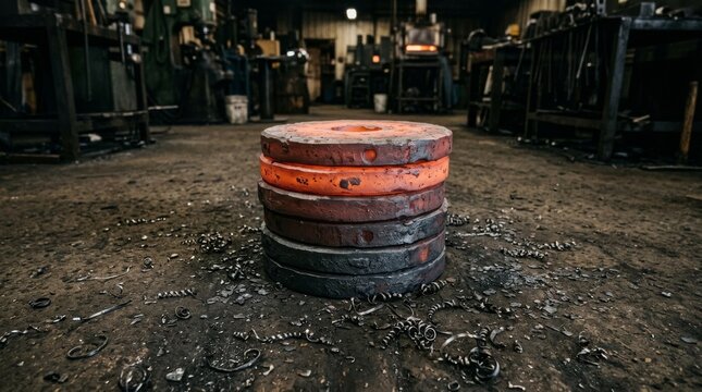 A stack of round metal discs sits in a dim factory workshop.