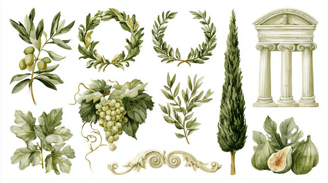 Elegant Watercolor Collection: Olive Branches, Grapes, Figs, Laurel Wreaths, Cypress Tree, and Ancient Greek Temple Facade with Decorative Scrollwork - Ideal for Mediterranean, Botanical, and