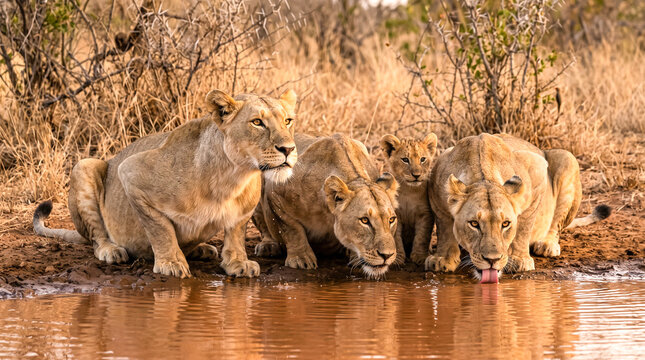 Familia de leonas con un cachorro bebiendo agua en una charca al atardecer en la sabana africana. Escena de vida salvaje con luz dorada y comportamiento natural.