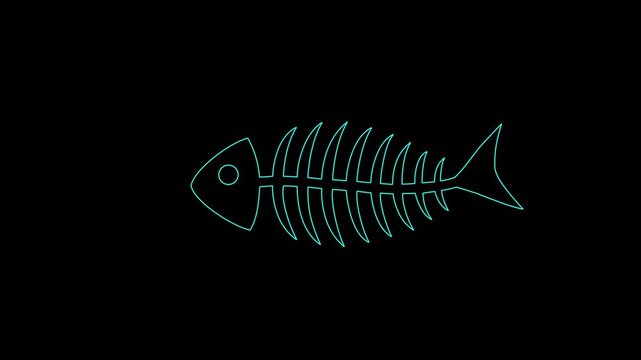 Glowing neon line Fish skeleton icon isolated on black background. Fish bone sign. 4K Video motion graphic animation.