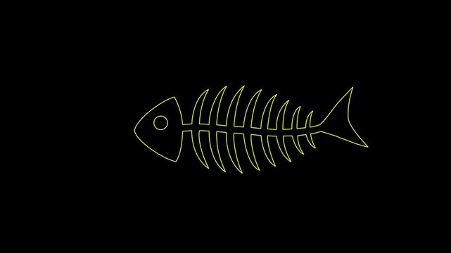 Glowing neon line Fish skeleton icon isolated on black background. Fish bone sign. 4K Video motion graphic animation.