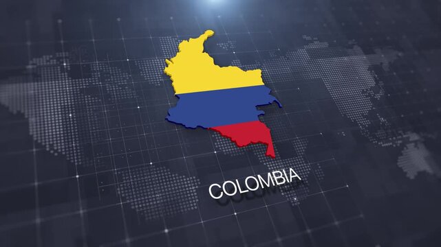 Colombia map with national flag on digital world map background, geographic border, global political and international news concept