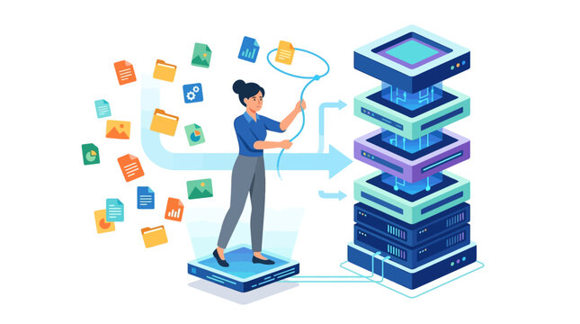 Female database administrator organizing digital data and file folders into a server tower flat design vector illustration
