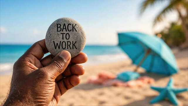 Hand holding stone with 'Back to Work' text on sunny tropical beach background with blue umbrella and starfish, ending vacation and return to career concept.