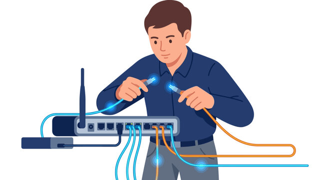 Professional network engineer connecting glowing fiber optic cables to a wireless router flat vector illustration
