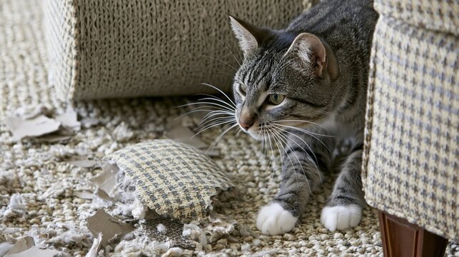 Naughty tabby cat looks guilty near a damaged carpet and torn upholstery, causing household destruction