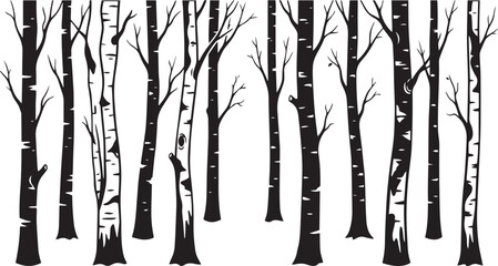 Birch Tree Silhouette Set Vector, Bare Tree Trunk Collection, Black Forest Tree Clipart, Winter Woodland Tree Icons . © Rizvi