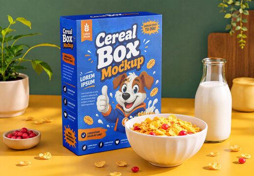 Cereal Box on Breakfast Table Mockup