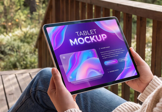 Tablet in Forest Cabin Mockup