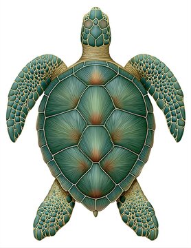 Detailed Top View Illustration of a Green Sea Turtle with Intricate Shell Patterns, Isolated on White