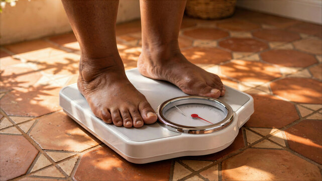 Close up of bare feet standing on an analog bathroom scale on a tiled floor at home, checking body weight and health