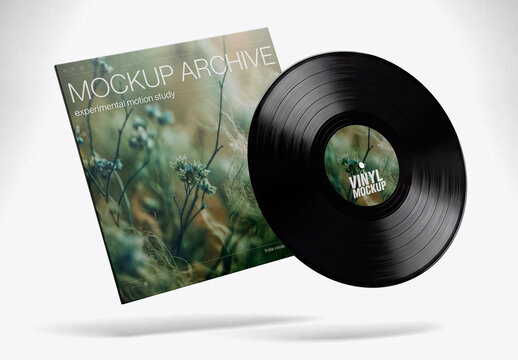 Floating Vinyl Record Cover Mockup with Sleeve