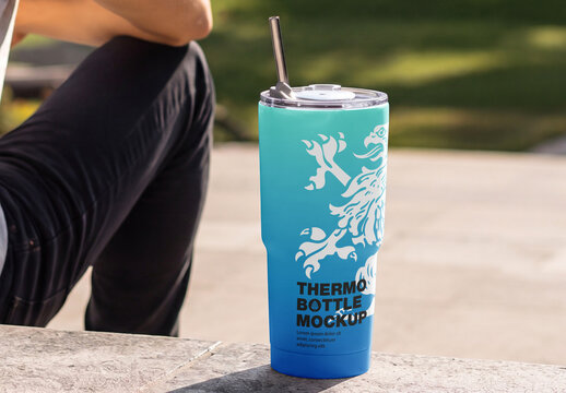 Insulated Tumbler on Outdoor Bench Mockup