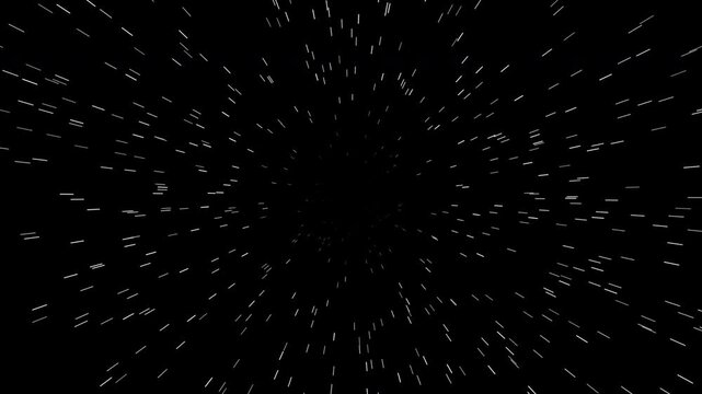 Abstract 4K warp-speed starfield animation featuring hundreds of glowing stars traveling outward from a central vanishing point with radial light trails and increasing brightness. Ideal for hyperspace