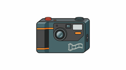 Fototapeta premium Retro teal compact film camera with orange accents and red shutter button isolated on white background minimalist vector style
