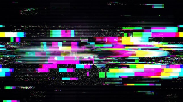 Colorful Digital Glitch Art with VHS Distortion Effect and RGB Pixel Noise on Black Background