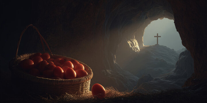 Basket of red eggs inside a cave with a cross on a hill outside