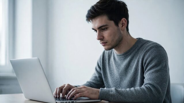 Young adult man focused on working on silver laptop computer while sitting at desk in bright modern minimalist room with soft natural light from window side view