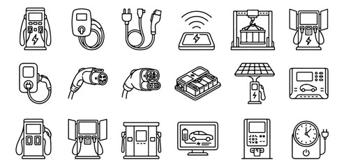 Fototapeta premium Electric vehicle charging station icons, 18 EV charger line art vector set, sustainable energy infrastructure and battery power supply collection
