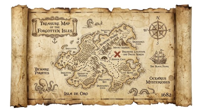 Aged treasure map with island details and compass rose