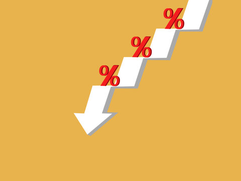 Percentage on a downtrend graph, interest rate reduction.