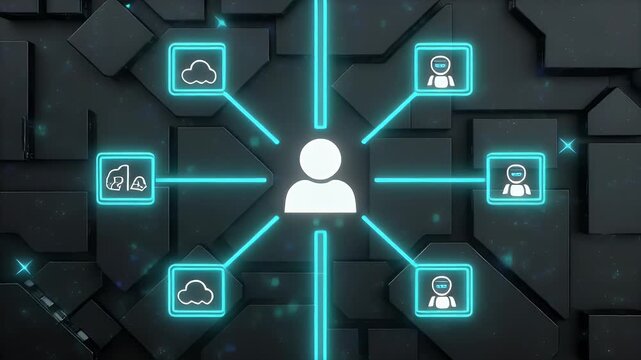 Conceptual 3D Illustration of a Digital Human Network Connecting Cloud Services and User Profiles in Cyber Space