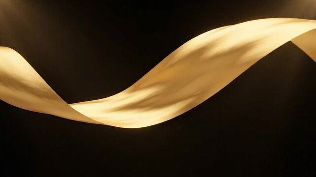Dynamic golden fabric flowing smoothly in a captivating wave against a mysterious dark backdrop, enhanced by subtle, luxurious illumination for a seamless high-definition visual