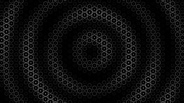Abstract 4K motion background featuring a dense hexagonal honeycomb grid with continuously pulsing cell sizes, brightness and glowing centers. Radial and directional waves create a dynamic futuristic 