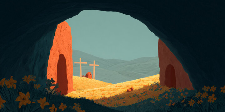 The empty tomb with three crosses in the background bathed in the warm light of dawn