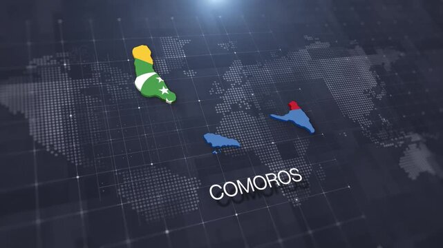Comoros map with national flag on digital world map background, geographic border, global political and international news concept