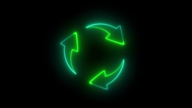 Neon circular arrows rotation cycle seamless loop animation on dark background. Circle arrow refresh and 3 arrow icon .