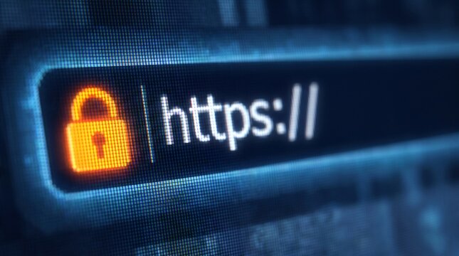 Secure https connection with glowing padlock icon in browser address bar, concept of internet security, cybersecurity, and data encryption