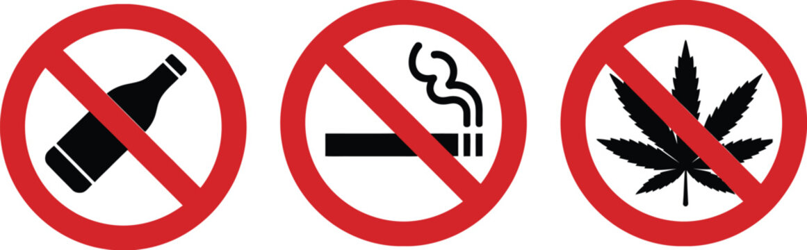 No alcohol, no smoking, and no drugs prohibition icons with red circle warning symbols for bottle, cigarette, and marijuana restrictions in public safety signage, vector, designs.