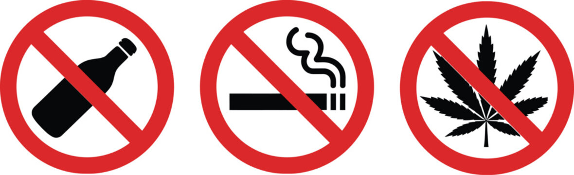 No alcohol, no smoking, and no drugs prohibition icons with red circle warning symbols for bottle, cigarette, and marijuana restrictions in public safety signage, vector, designs.