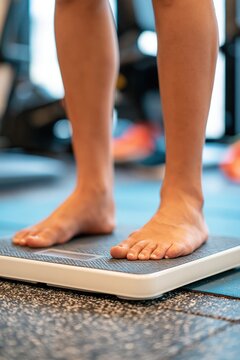 Pieds nus d'une personne debout sur un p&egrave;se-personne en salle de sport