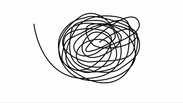 A single continuous black line forming a dense, chaotic scribble or tangled knot on a plain white background
