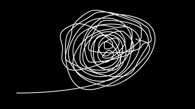 A single continuous white line forming a dense, chaotic scribble or tangled knot pattern against a solid black background