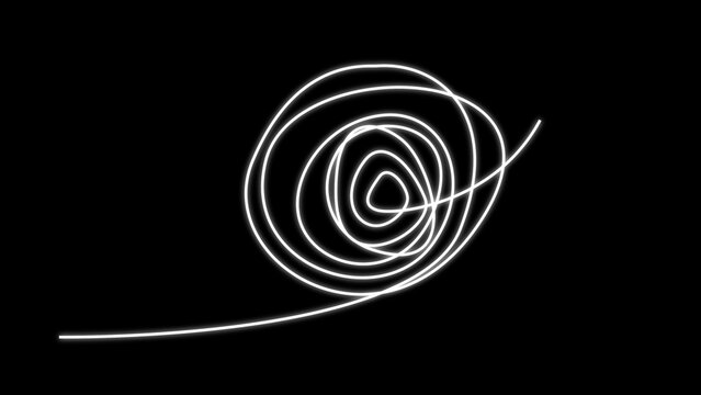 A single continuous white glowing line forming a messy circular scribble on a solid black background