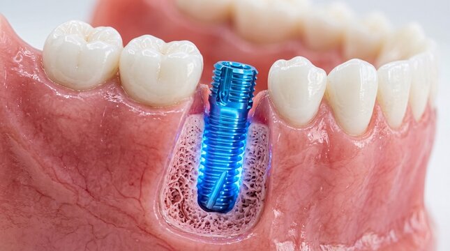 Detailed futuristic glowing blue dental implant screw seamlessly integrated into a highly realistic pink jawbone model with ceramic teeth.