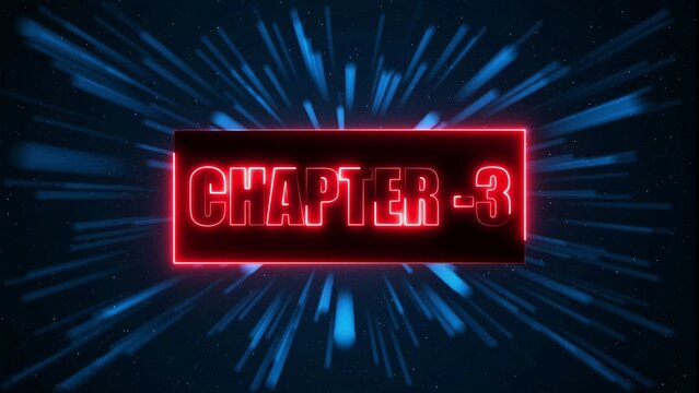 Chapter 3 text inside a glowing red neon rectangular frame against a dark blue background, with radial light streaks