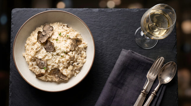 Elegant white truffle risotto flatlay with wine glass copy space
