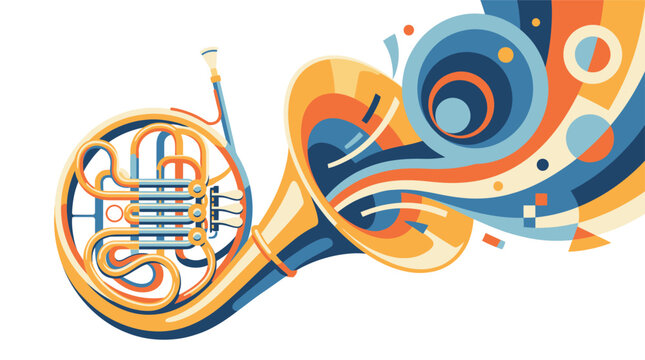 French horn emits a vibrant explosion of colorful geometric shapes and swirling musical patterns.