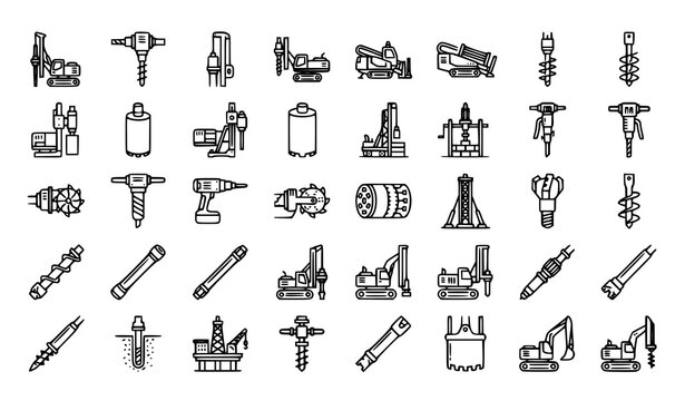 Drilling Machinery Editable Stroke Outline Icon Set with Rotary Rig Pile Driver Directional Drill Auger and Core Drill