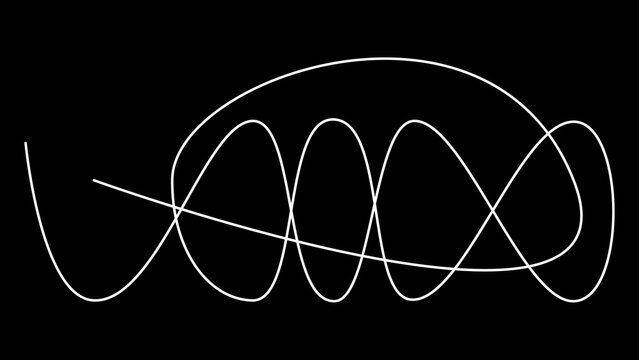 Single white continuous line forming intersecting loops and waves on a solid black background