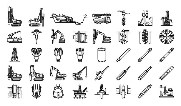 Construction and Mining Drilling Equipment Outline Icon Collection with Rotary Pile Directional Auger and Core Drills