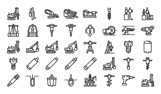 Drilling Equipment Vector Editable Stroke Icon Set Featuring Rotary Rig Pile Driver Auger Core and Rock Drilling Machines