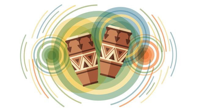 Conga drums stand surrounded by rhythmic circular patterns that suggest a lively world percussion performance.