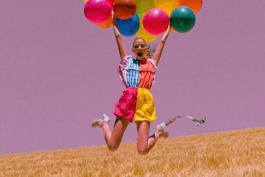Exuberant woman leaping in a golden field with colorful balloons against a pink sky for celebration and lifestyle advertising