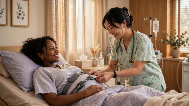 Asian nurse attaching fetal monitoring belts to a pregnant Black woman in a maternity ward, providing professional prenatal care.